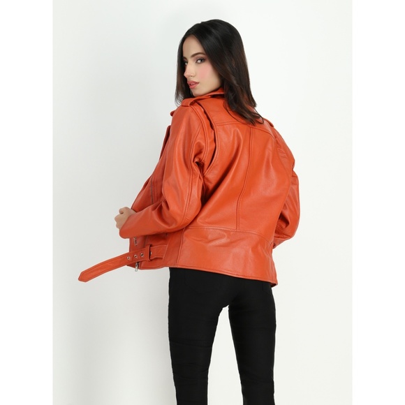 Women's Moto Style Cowhide Orange Leather Jacket - Picture 2 of 6